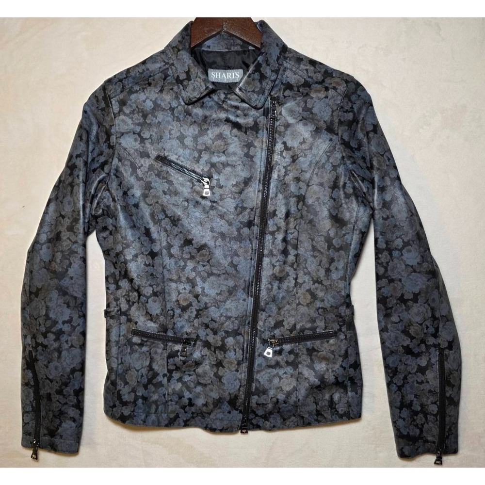 Sharis Place Women's Leather Jacker Size S Floral‎ Multicolor Soft Zip Pockets